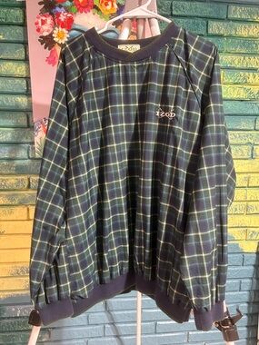 Vintage golf Izod Navy and Green Plaid Crewneck nylon pullover large relaxed fit